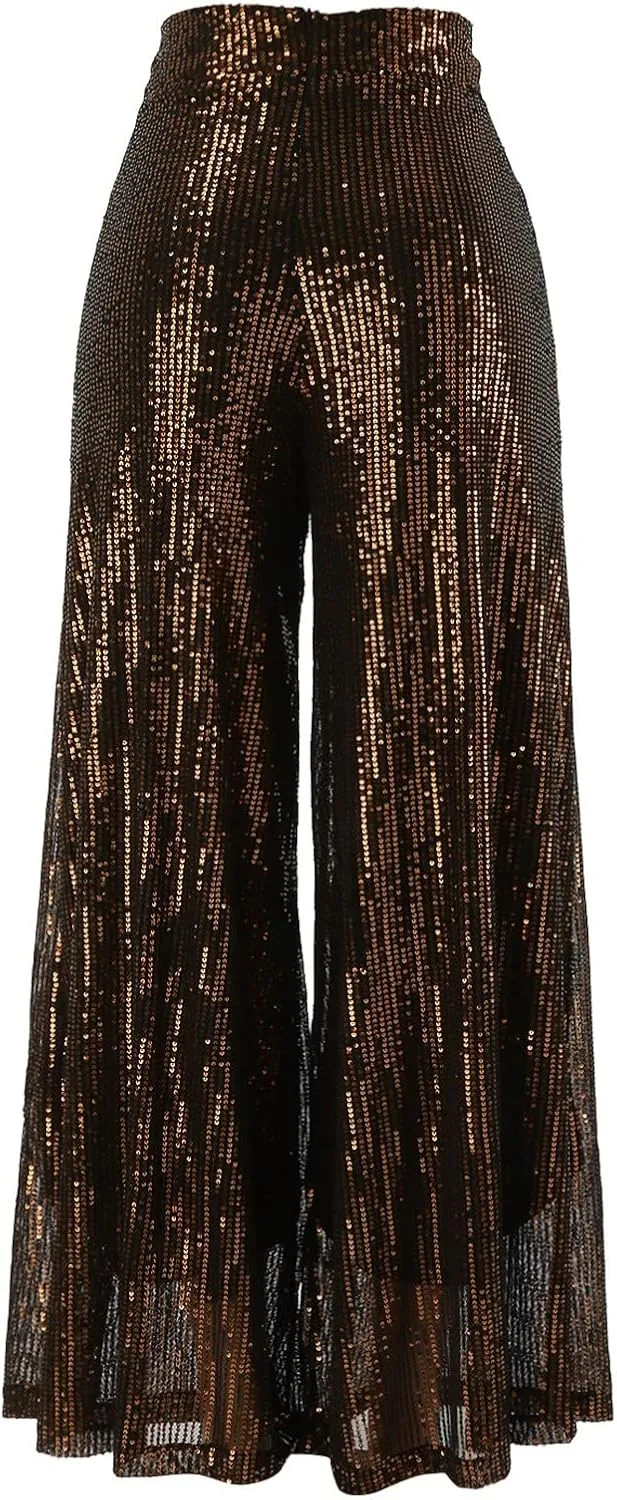 Women Sequin Flare Long Pants Cloth High Sequin Women Foot Sexy Pants Fashion Waisted Tape Trousers Ruffle Pants