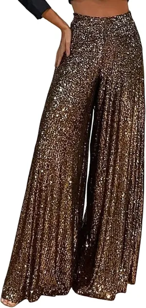 Women Sequin Flare Long Pants Cloth High Sequin Women Foot Sexy Pants Fashion Waisted Tape Trousers Ruffle Pants