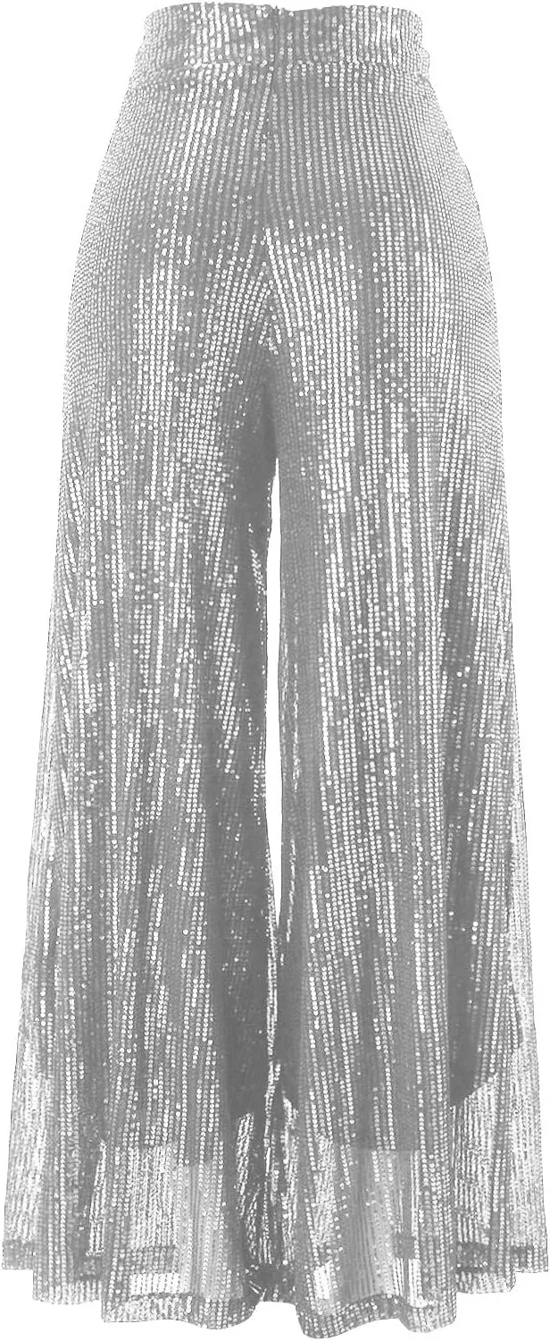Women Sequin Flare Long Pants Cloth High Sequin Women Foot Sexy Pants Fashion Waisted Tape Trousers Ruffle Pants