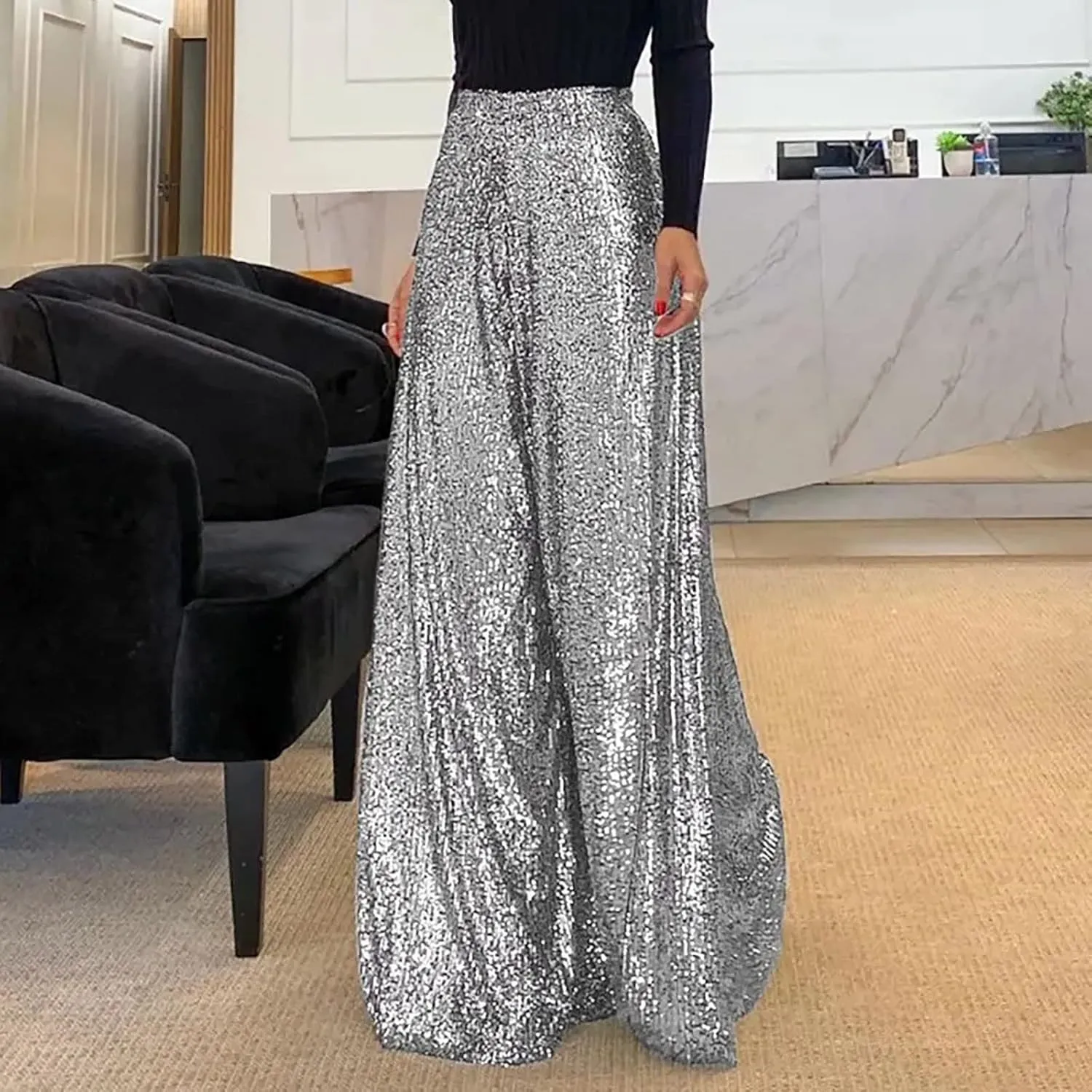 Women Sequin Flare Long Pants Cloth High Sequin Women Foot Sexy Pants Fashion Waisted Tape Trousers Ruffle Pants