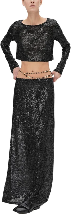 Women Sequin Maxi Skirt Glitter Elastic Waist A Line Midi Skirt Sparkle Pencil Skirt Party Nightout Long Skirt