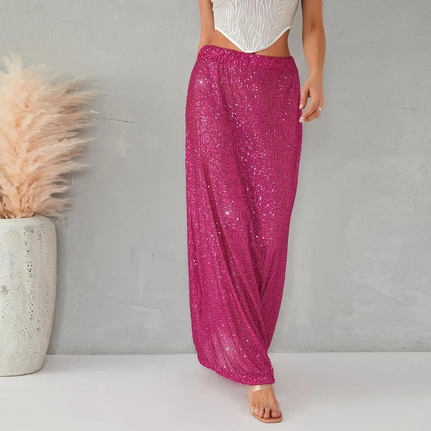 Women Sequin Maxi Skirt Glitter Elastic Waist A Line Midi Skirt Sparkle Pencil Skirt Party Nightout Long Skirt