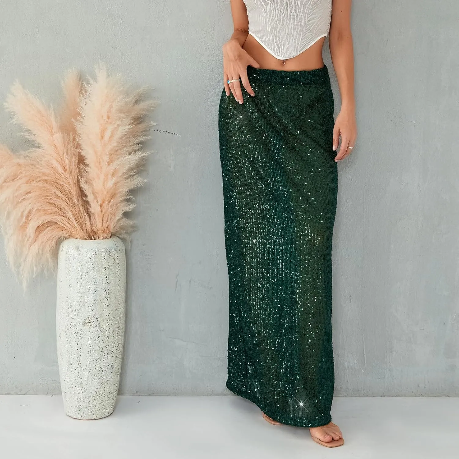 Women Sequin Maxi Skirt Glitter Elastic Waist A Line Midi Skirt Sparkle Pencil Skirt Party Nightout Long Skirt