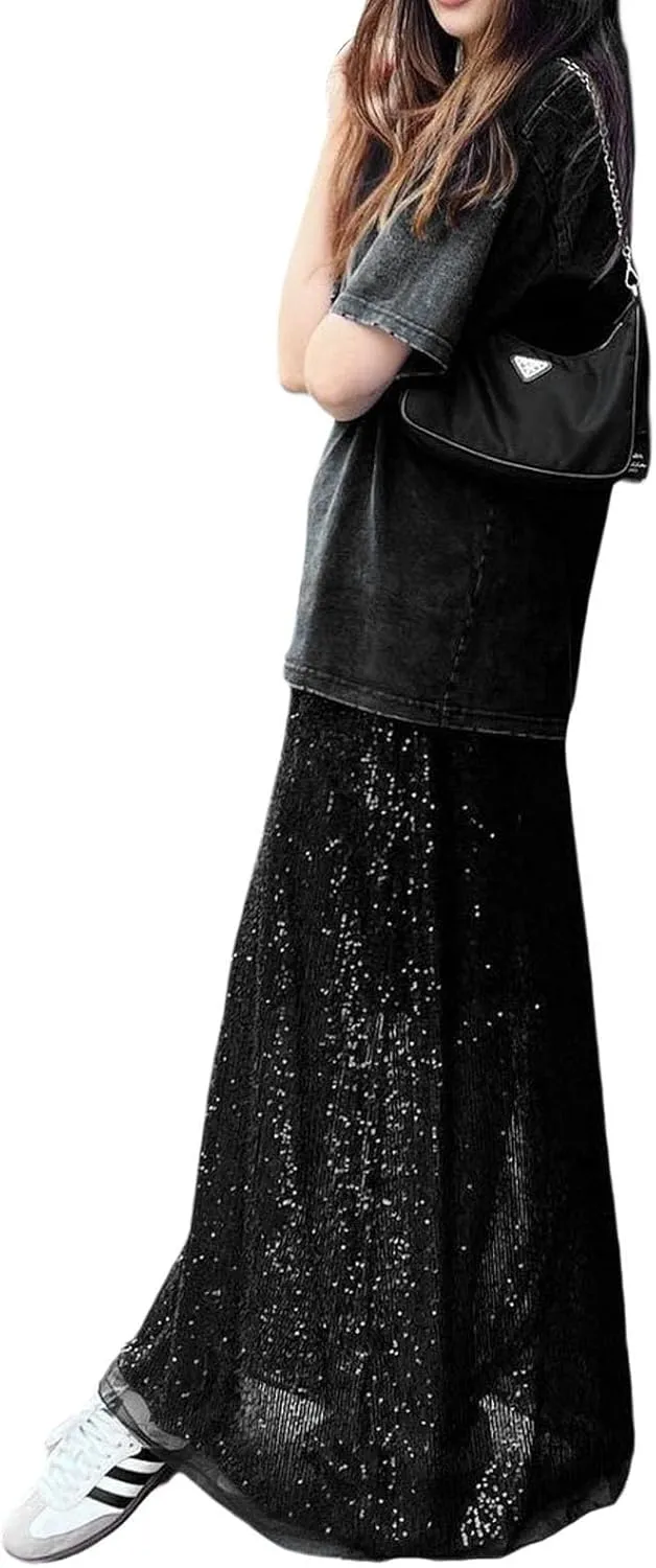 Women Sequin Maxi Skirt Glitter Elastic Waist A Line Midi Skirt Sparkle Pencil Skirt Party Nightout Long Skirt