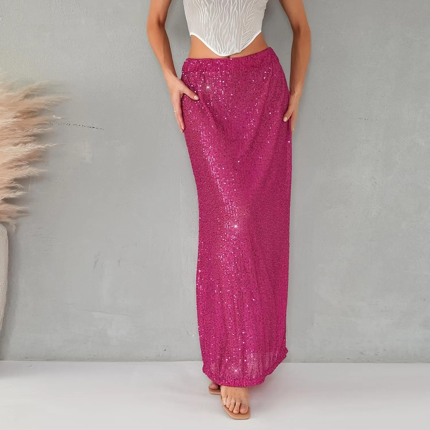 Women Sequin Maxi Skirt Glitter Elastic Waist A Line Midi Skirt Sparkle Pencil Skirt Party Nightout Long Skirt