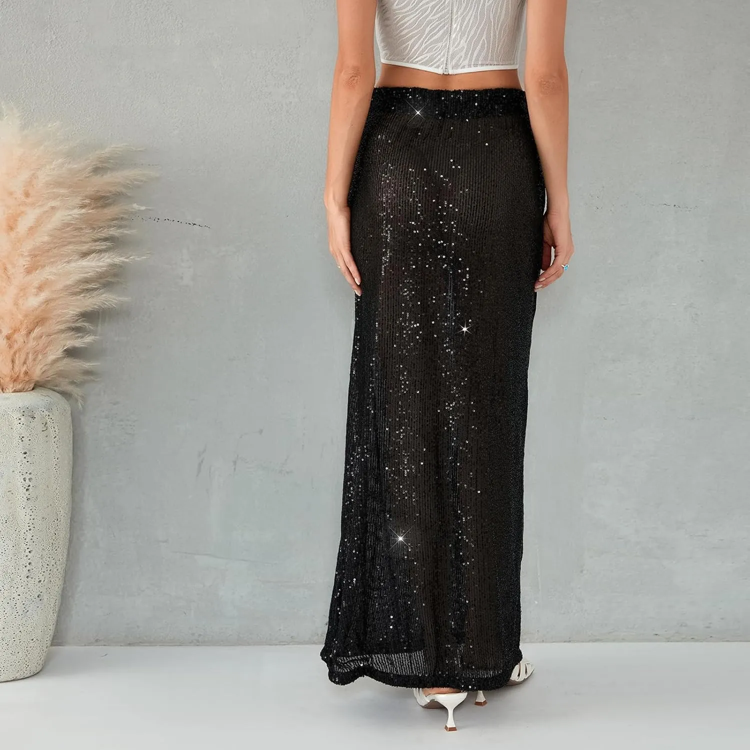 Women Sequin Maxi Skirt Glitter Elastic Waist A Line Midi Skirt Sparkle Pencil Skirt Party Nightout Long Skirt