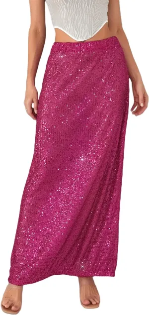 Women Sequin Maxi Skirt Glitter Elastic Waist A Line Midi Skirt Sparkle Pencil Skirt Party Nightout Long Skirt