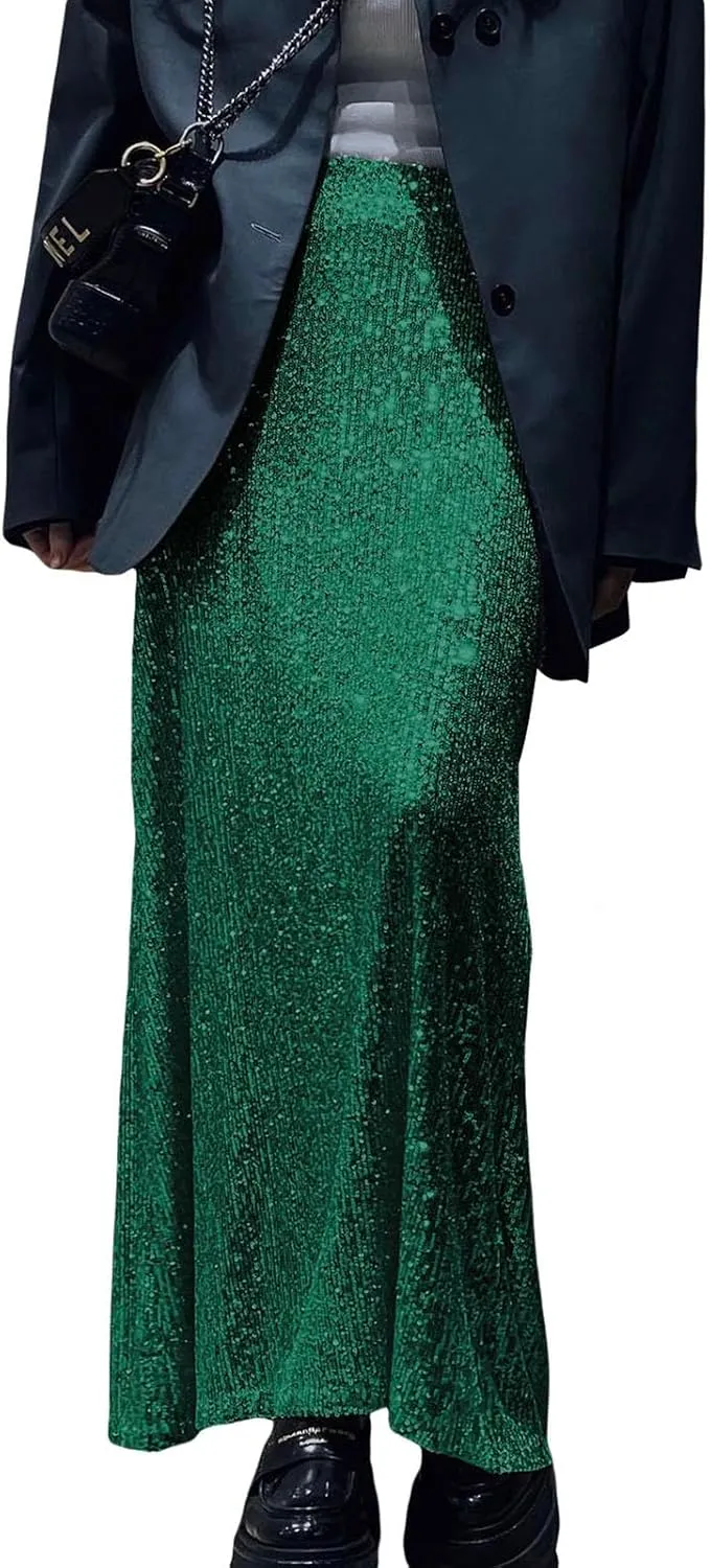 Women Sequin Maxi Skirt Glitter Elastic Waist A Line Midi Skirt Sparkle Pencil Skirt Party Nightout Long Skirt