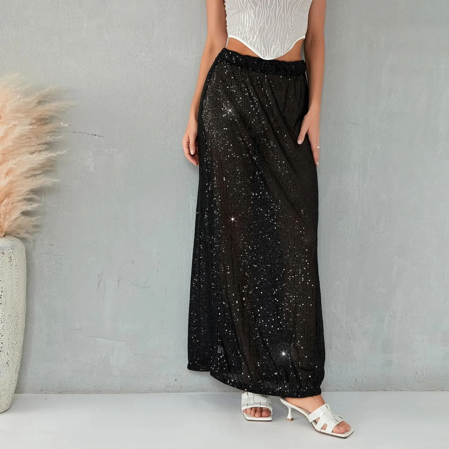 Women Sequin Maxi Skirt Glitter Elastic Waist A Line Midi Skirt Sparkle Pencil Skirt Party Nightout Long Skirt