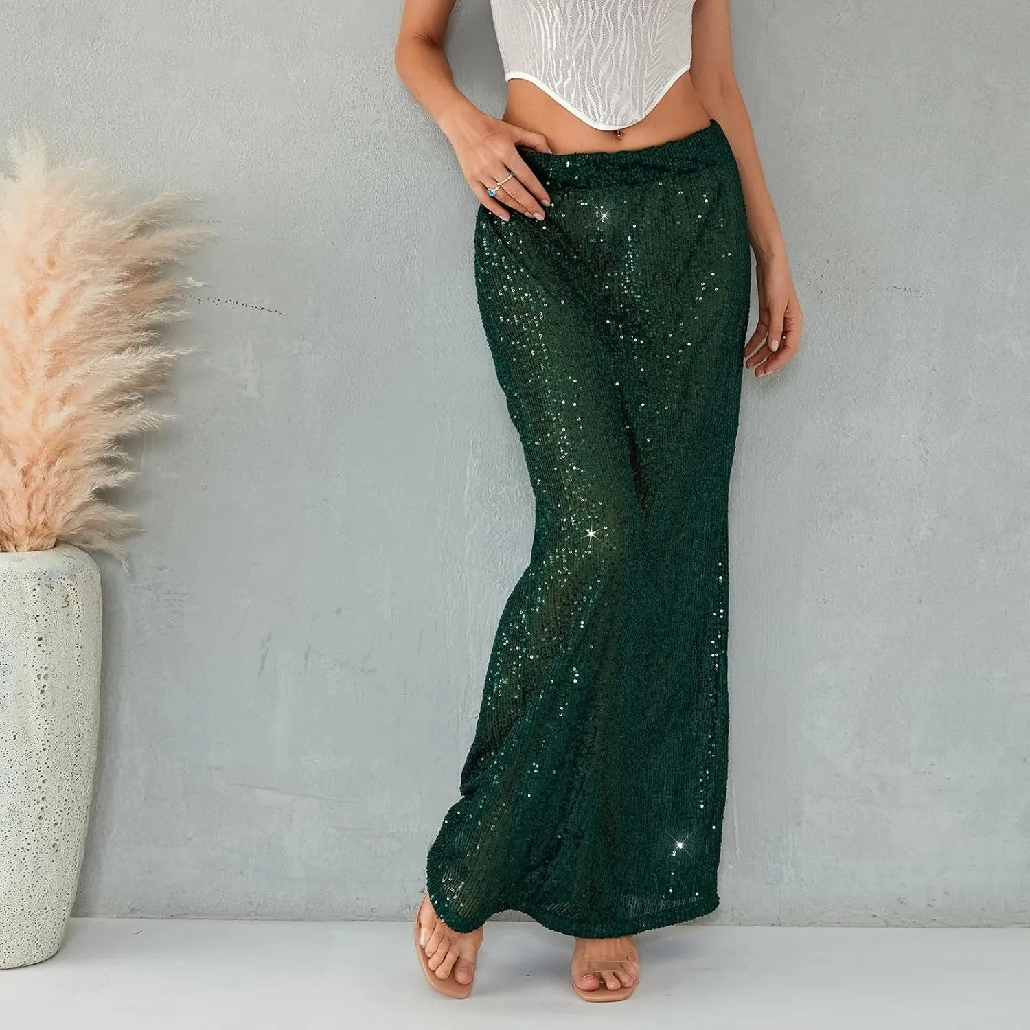 Women Sequin Maxi Skirt Glitter Elastic Waist A Line Midi Skirt Sparkle Pencil Skirt Party Nightout Long Skirt
