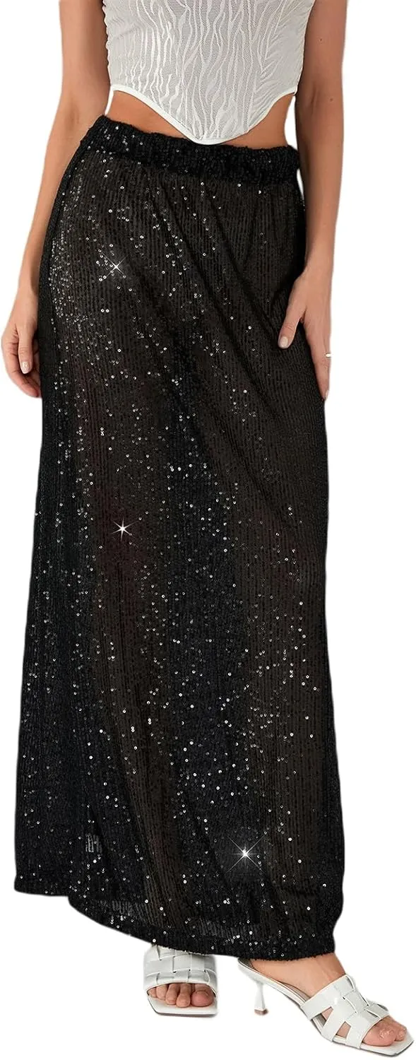 Women Sequin Maxi Skirt Glitter Elastic Waist A Line Midi Skirt Sparkle Pencil Skirt Party Nightout Long Skirt