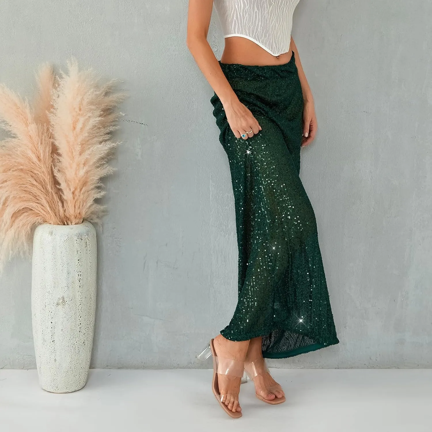 Women Sequin Maxi Skirt Glitter Elastic Waist A Line Midi Skirt Sparkle Pencil Skirt Party Nightout Long Skirt