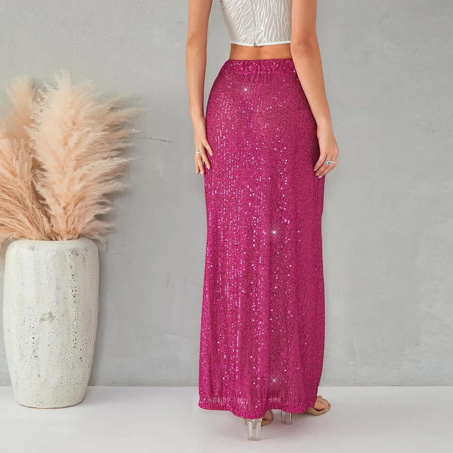 Women Sequin Maxi Skirt Glitter Elastic Waist A Line Midi Skirt Sparkle Pencil Skirt Party Nightout Long Skirt
