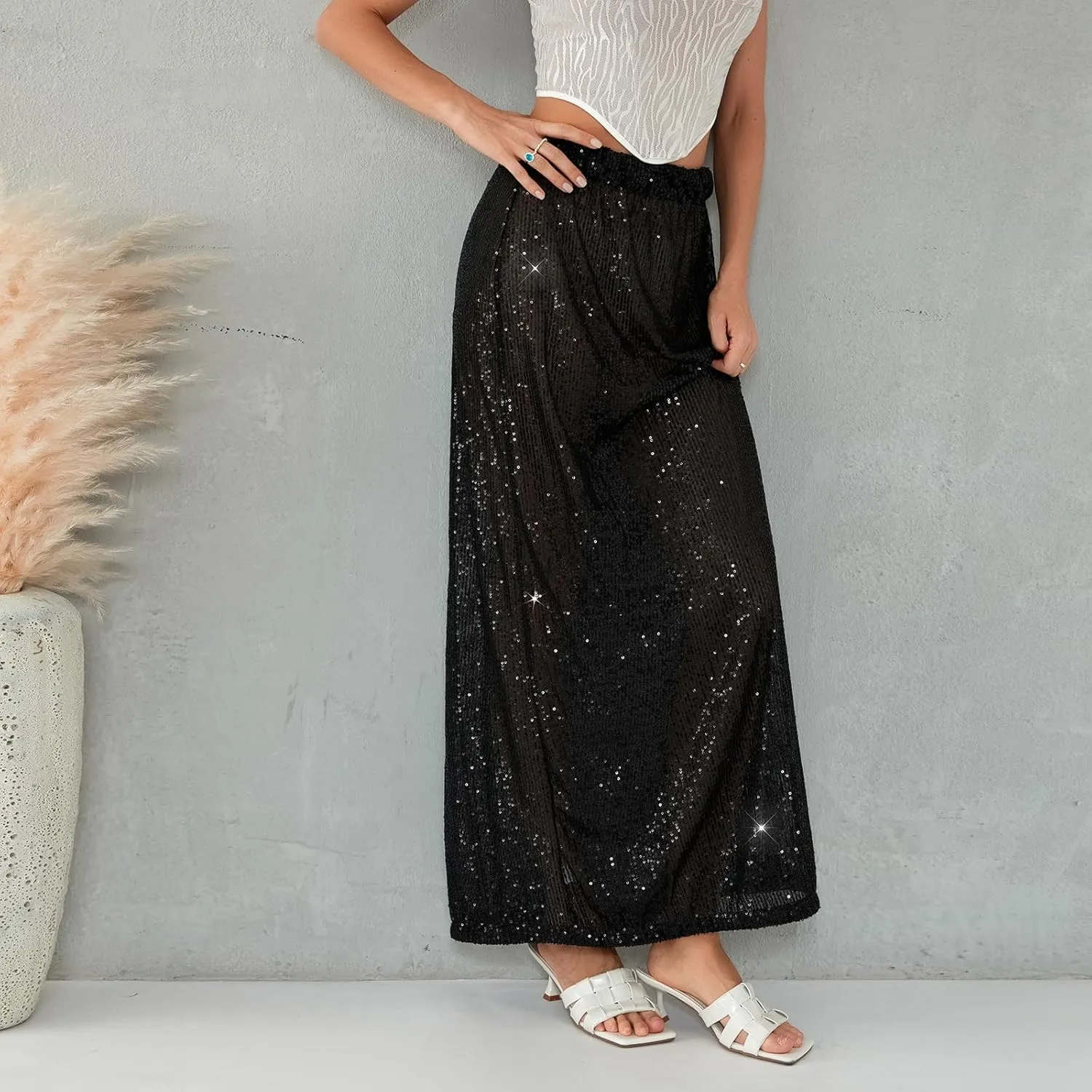 Women Sequin Maxi Skirt Glitter Elastic Waist A Line Midi Skirt Sparkle Pencil Skirt Party Nightout Long Skirt