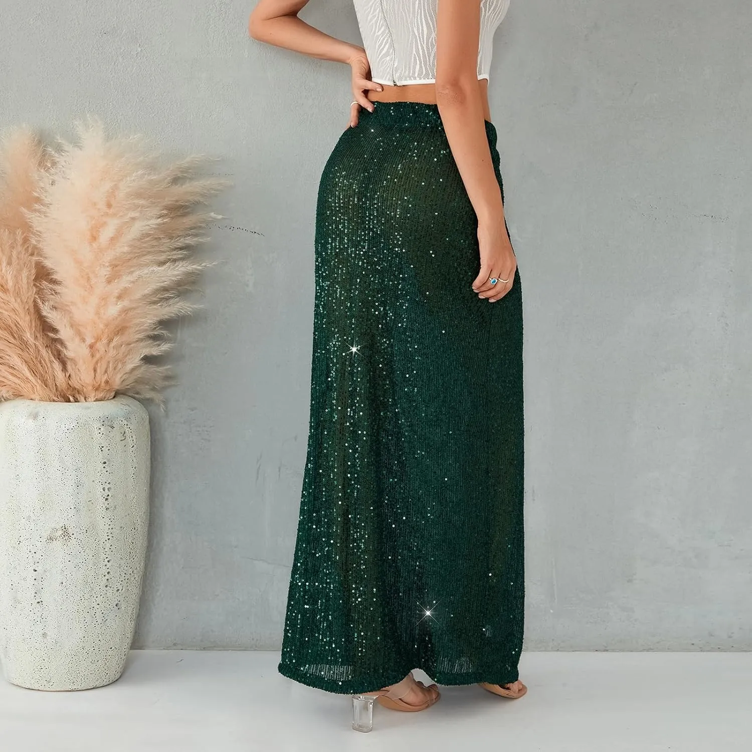 Women Sequin Maxi Skirt Glitter Elastic Waist A Line Midi Skirt Sparkle Pencil Skirt Party Nightout Long Skirt