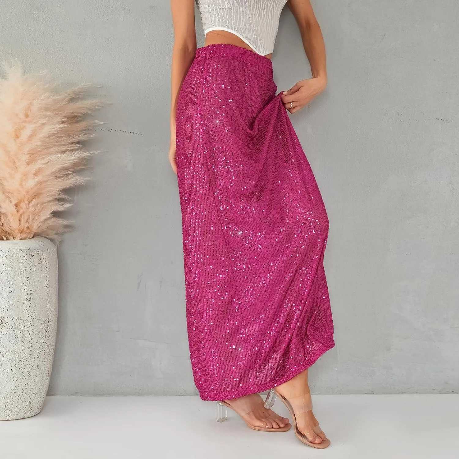 Women Sequin Maxi Skirt Glitter Elastic Waist A Line Midi Skirt Sparkle Pencil Skirt Party Nightout Long Skirt