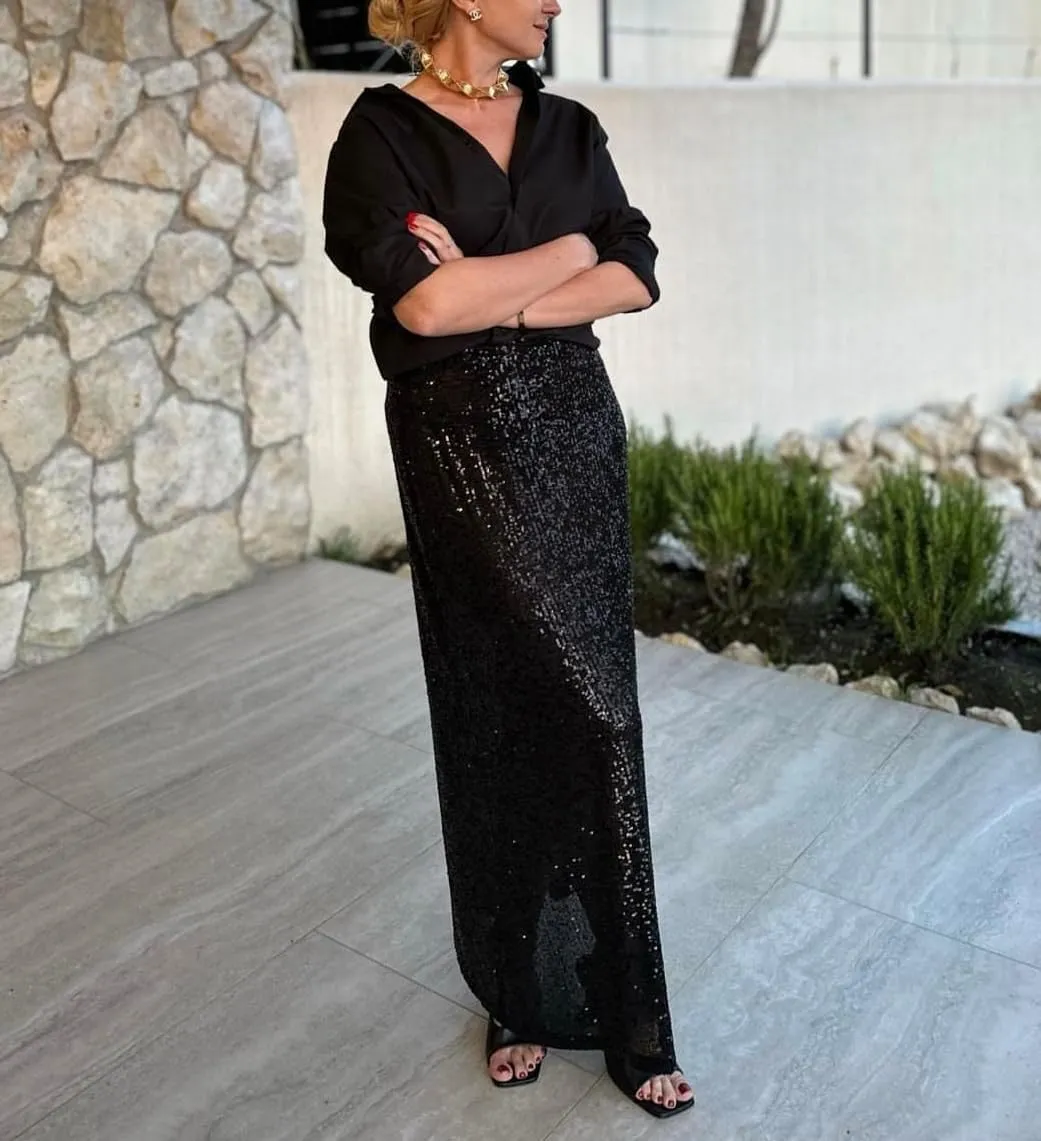 Women Sequin Maxi Skirt Set Glitter Shiny Long Sleeve Crop Top Sparkly Long Skirt Suit Party Bling Concert Outfits