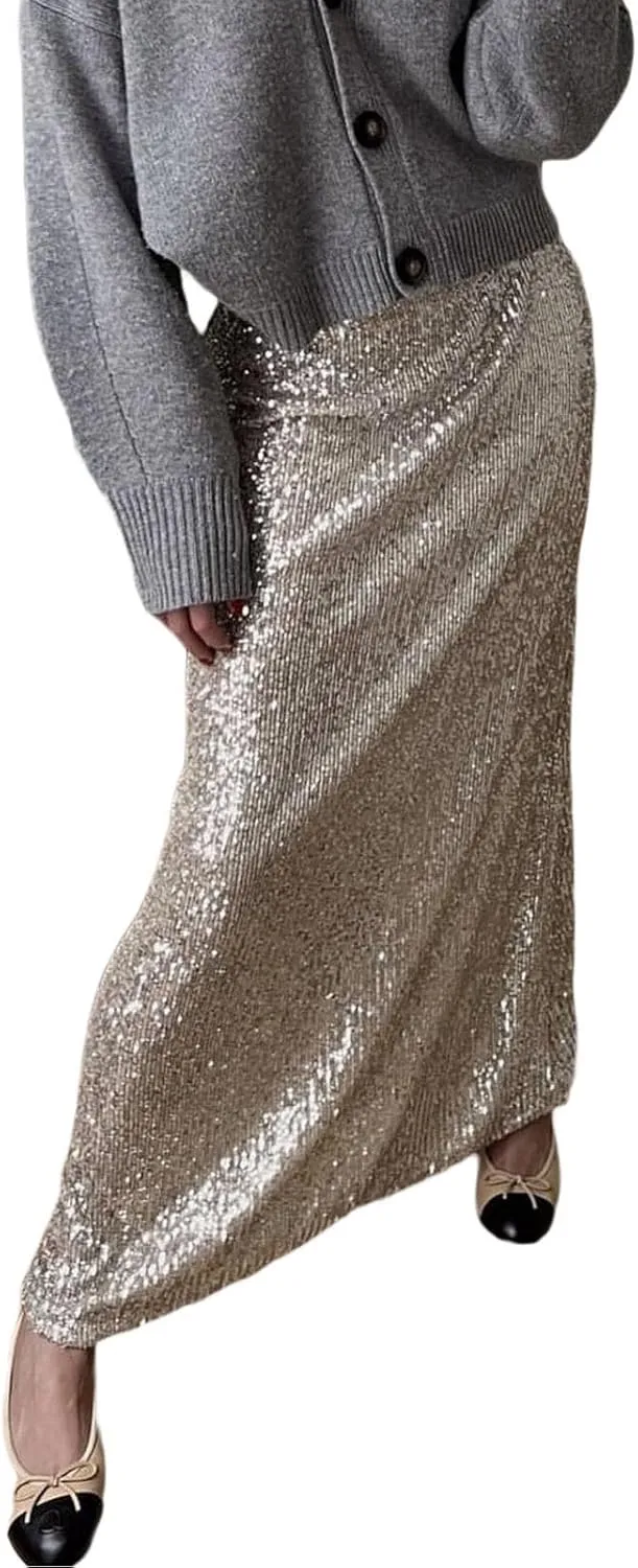 Women Sequin Maxi Skirt Set Glitter Shiny Long Sleeve Crop Top Sparkly Long Skirt Suit Party Bling Concert Outfits