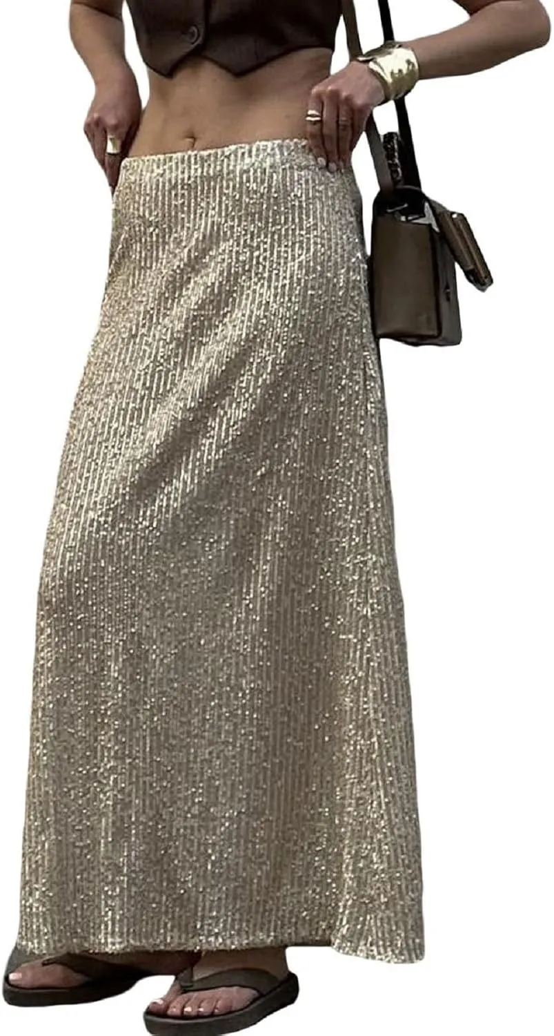 Women Sequin Maxi Skirt Set Glitter Shiny Long Sleeve Crop Top Sparkly Long Skirt Suit Party Bling Concert Outfits