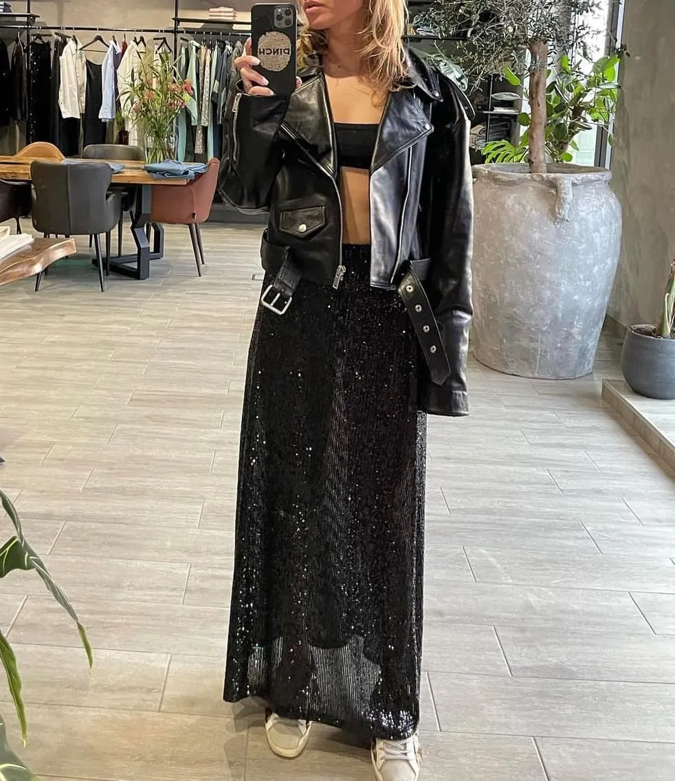 Women Sequin Maxi Skirt Set Glitter Shiny Long Sleeve Crop Top Sparkly Long Skirt Suit Party Bling Concert Outfits
