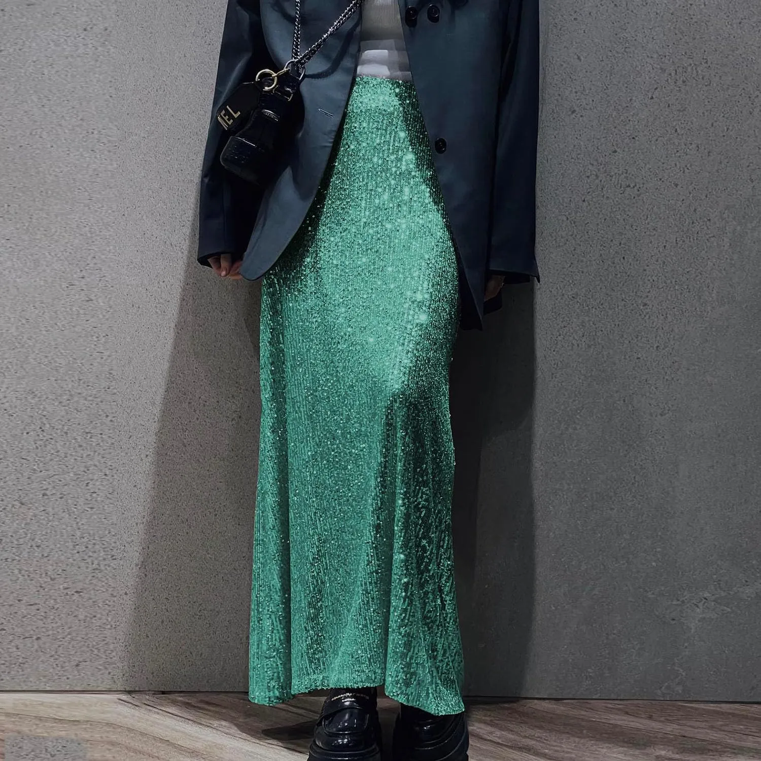 Women Sequin Maxi Skirt Set Glitter Shiny Long Sleeve Crop Top Sparkly Long Skirt Suit Party Bling Concert Outfits