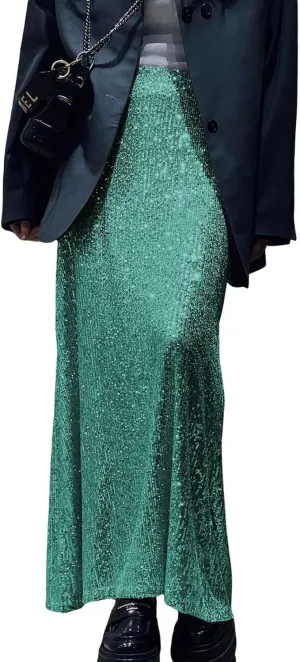 Women Sequin Maxi Skirt Set Glitter Shiny Long Sleeve Crop Top Sparkly Long Skirt Suit Party Bling Concert Outfits