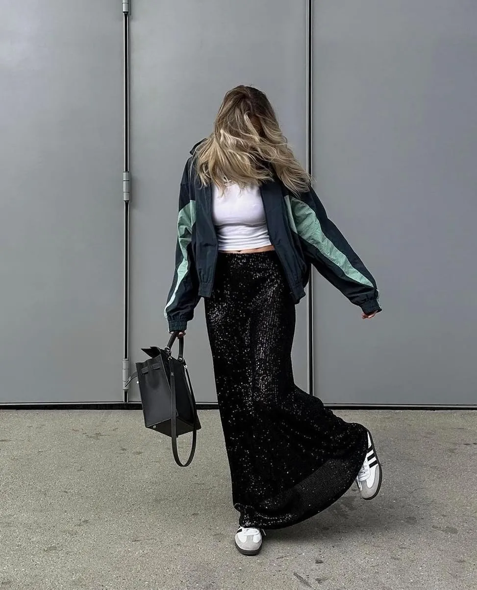 Women Sequin Maxi Skirt Set Glitter Shiny Long Sleeve Crop Top Sparkly Long Skirt Suit Party Bling Concert Outfits