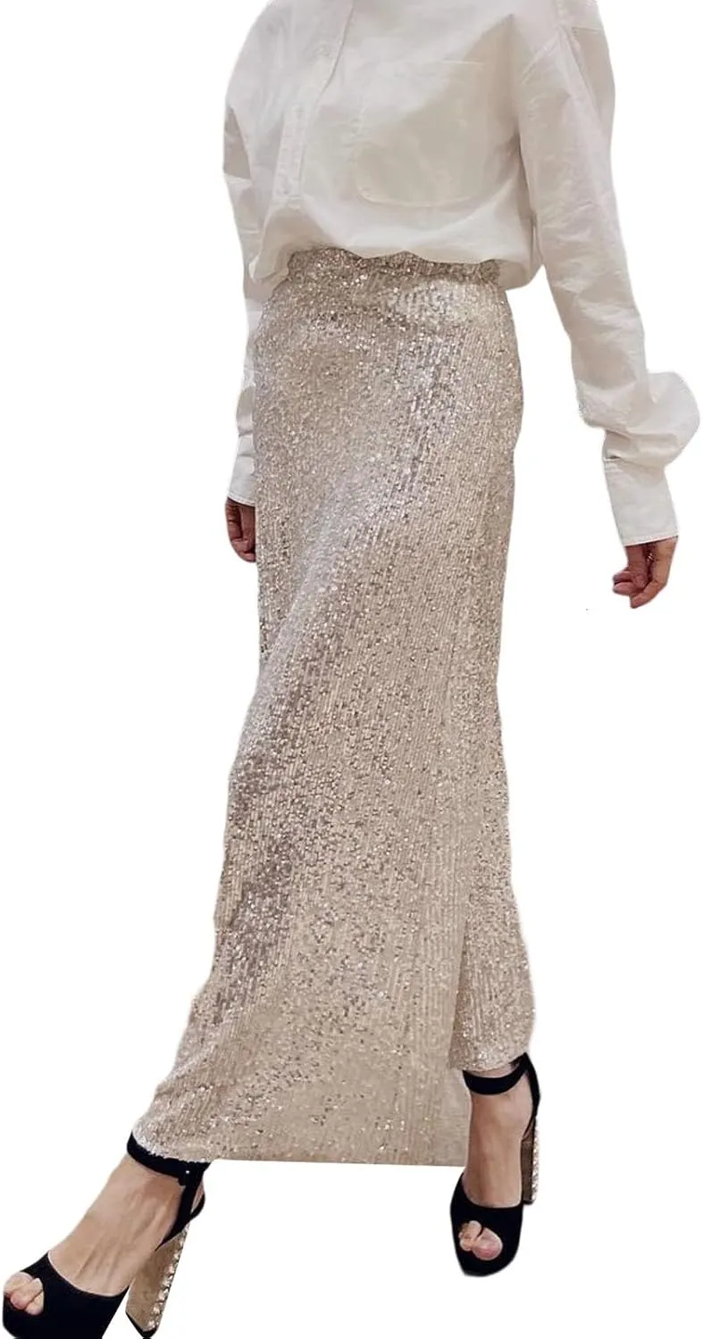 Women Sequin Maxi Skirt Set Glitter Shiny Long Sleeve Crop Top Sparkly Long Skirt Suit Party Bling Concert Outfits