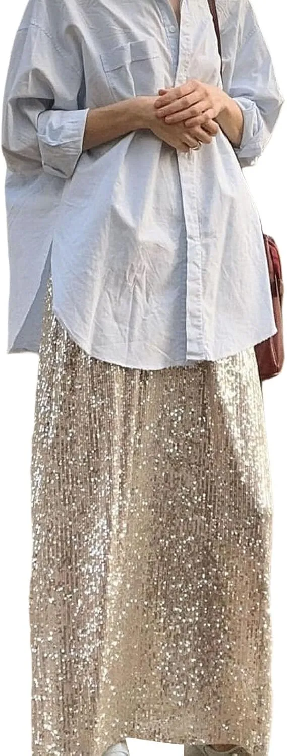 Women Sequin Maxi Skirt Set Glitter Shiny Long Sleeve Crop Top Sparkly Long Skirt Suit Party Bling Concert Outfits