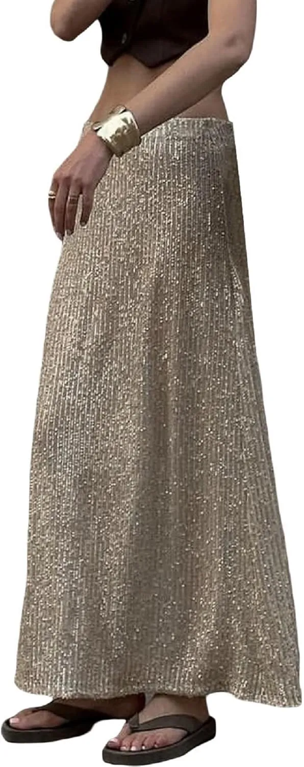 Women Sequin Maxi Skirt Set Glitter Shiny Long Sleeve Crop Top Sparkly Long Skirt Suit Party Bling Concert Outfits