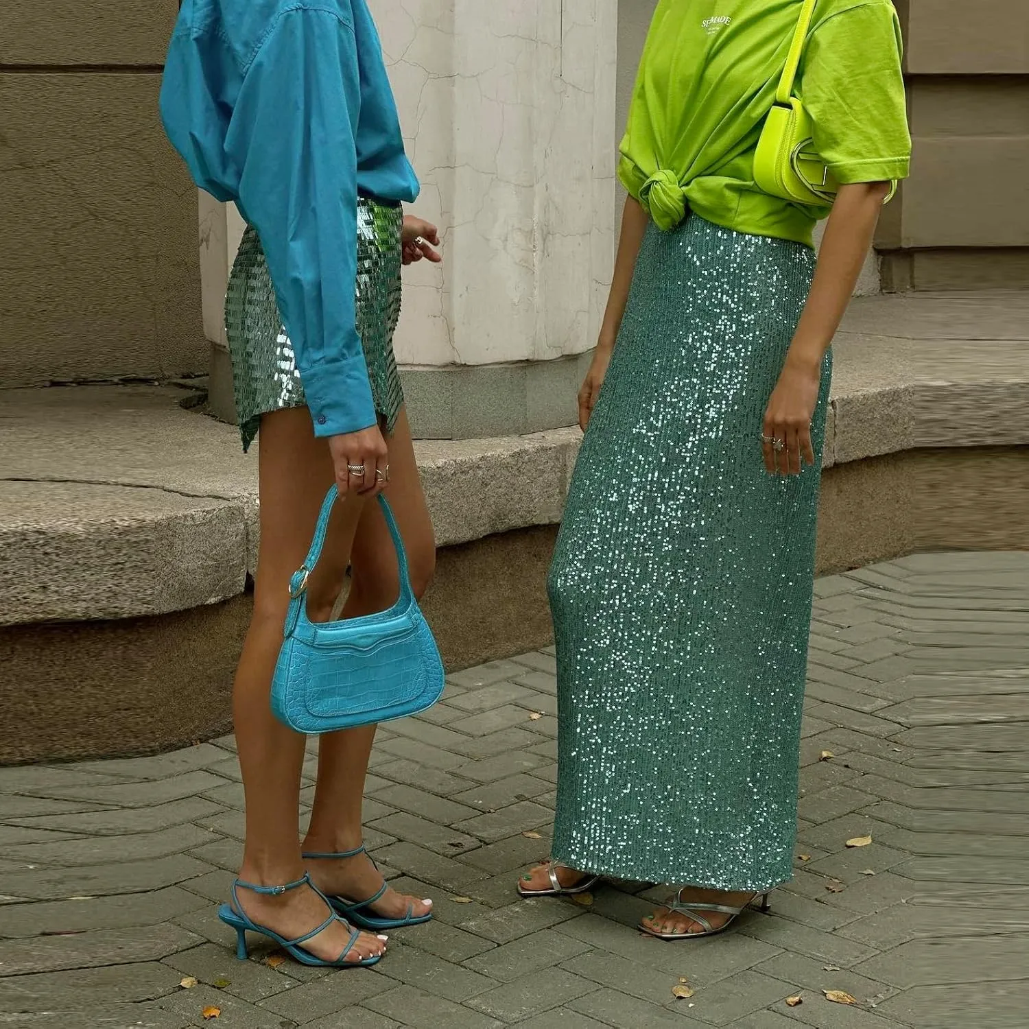 Women Sequin Maxi Skirt Set Glitter Shiny Long Sleeve Crop Top Sparkly Long Skirt Suit Party Bling Concert Outfits