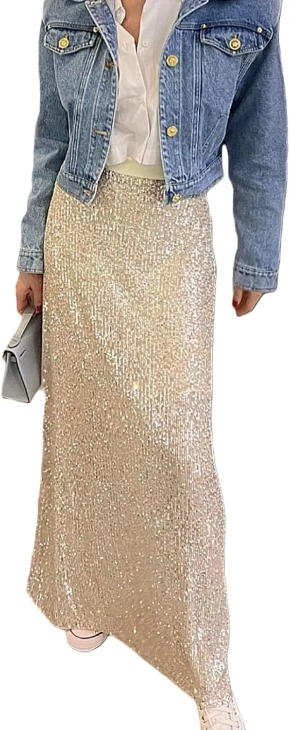 Women Sequin Maxi Skirt Set Glitter Shiny Long Sleeve Crop Top Sparkly Long Skirt Suit Party Bling Concert Outfits