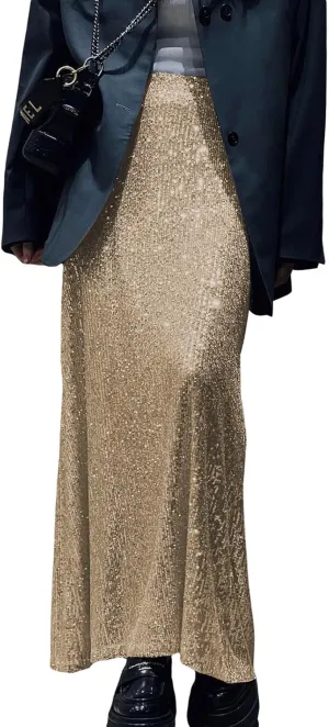 Women Sequin Maxi Skirt Set Glitter Shiny Long Sleeve Crop Top Sparkly Long Skirt Suit Party Bling Concert Outfits