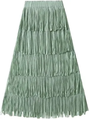 Women Solid Pleated Skirts Midi Long Tassel Skirt Elegant High Waist Layered Straight Skirt