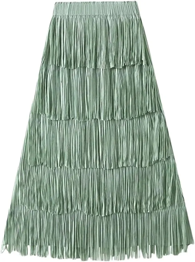 Women Solid Pleated Skirts Midi Long Tassel Skirt Elegant High Waist Layered Straight Skirt