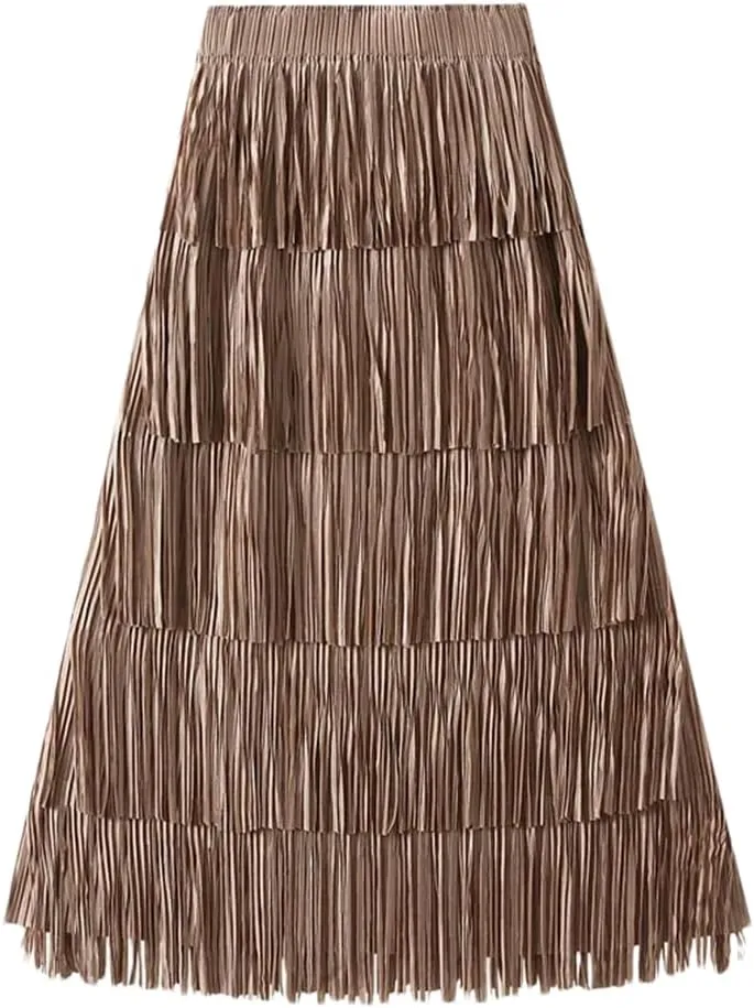 Women Solid Pleated Skirts Midi Long Tassel Skirt Elegant High Waist Layered Straight Skirt