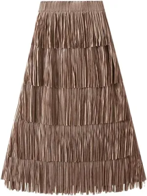 Women Solid Pleated Skirts Midi Long Tassel Skirt Elegant High Waist Layered Straight Skirt