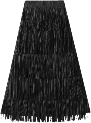 Women Solid Pleated Skirts Midi Long Tassel Skirt Elegant High Waist Layered Straight Skirt