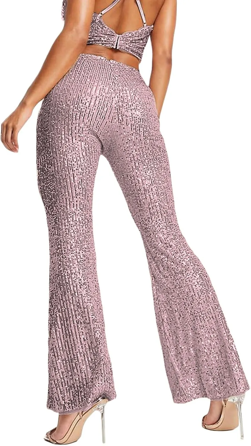 Women Sparkly Sequin Pants Glitter High Waist Wide Leg Trousers Flare Bell Bottom Night Out Party Shiny Clubwear