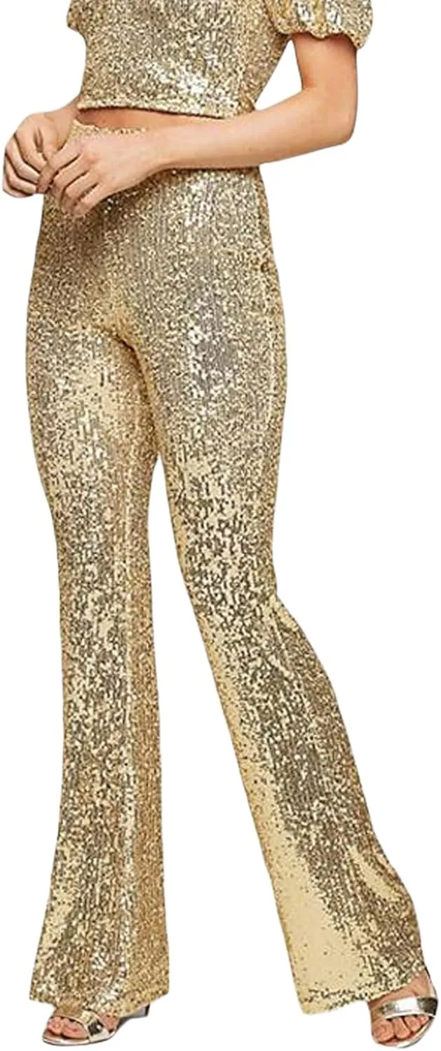 Women Sparkly Sequin Pants Glitter High Waist Wide Leg Trousers Flare Bell Bottom Night Out Party Shiny Clubwear