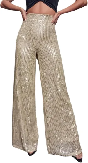 Women Sparkly Sequin Pants Glitter High Waist Wide Leg Trousers Flare Bell Bottom Night Out Party Shiny Clubwear
