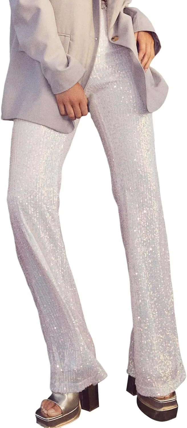 Women Sparkly Sequin Pants Glitter High Waist Wide Leg Trousers Flare Bell Bottom Night Out Party Shiny Clubwear