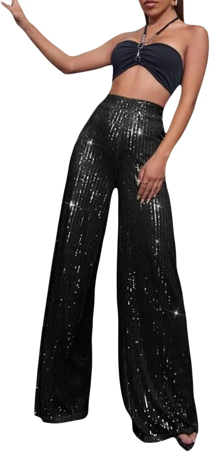 Women Sparkly Sequin Pants Glitter High Waist Wide Leg Trousers Flare Bell Bottom Night Out Party Shiny Clubwear