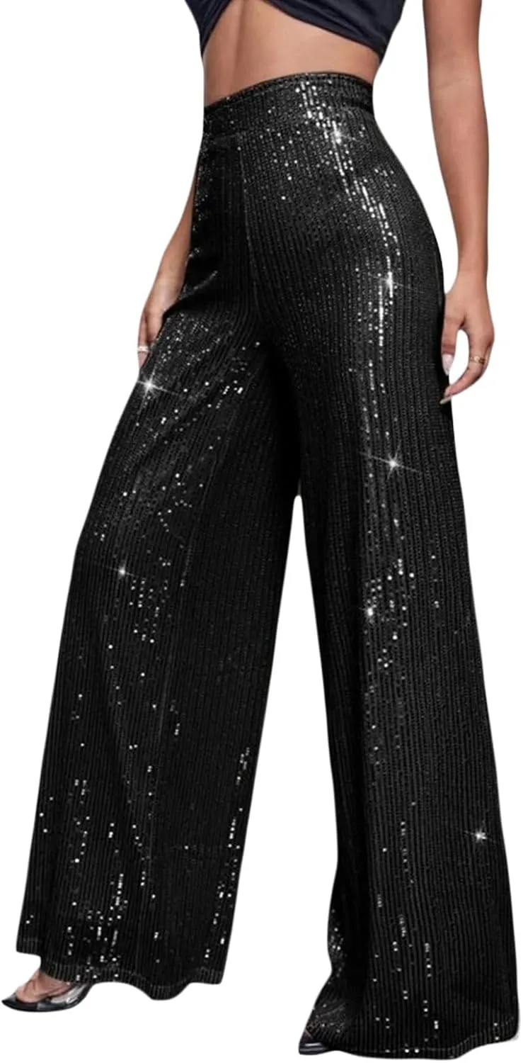 Women Sparkly Sequin Pants Glitter High Waist Wide Leg Trousers Flare Bell Bottom Night Out Party Shiny Clubwear