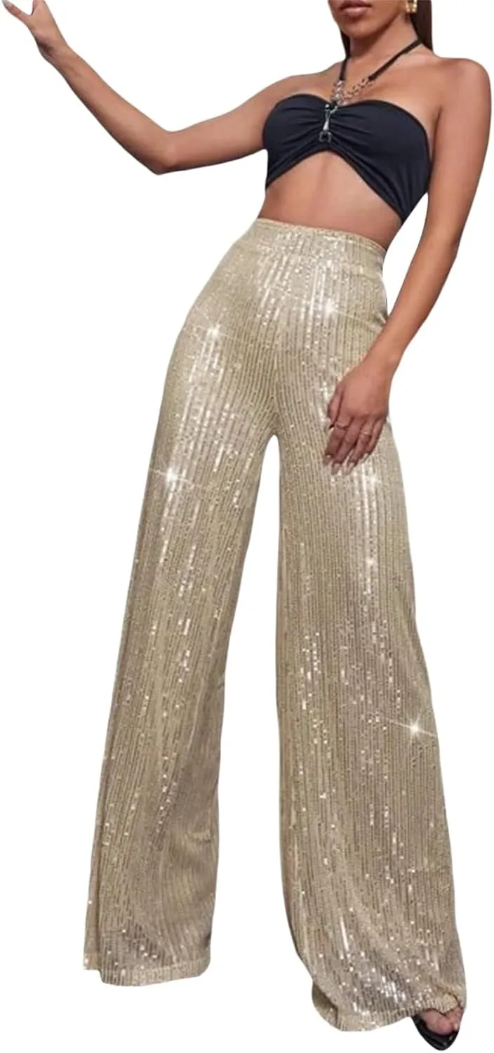 Women Sparkly Sequin Pants Glitter High Waist Wide Leg Trousers Flare Bell Bottom Night Out Party Shiny Clubwear