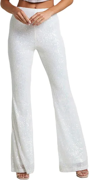 Women Sparkly Sequin Pants Glitter High Waist Wide Leg Trousers Flare Bell Bottom Night Out Party Shiny Clubwear