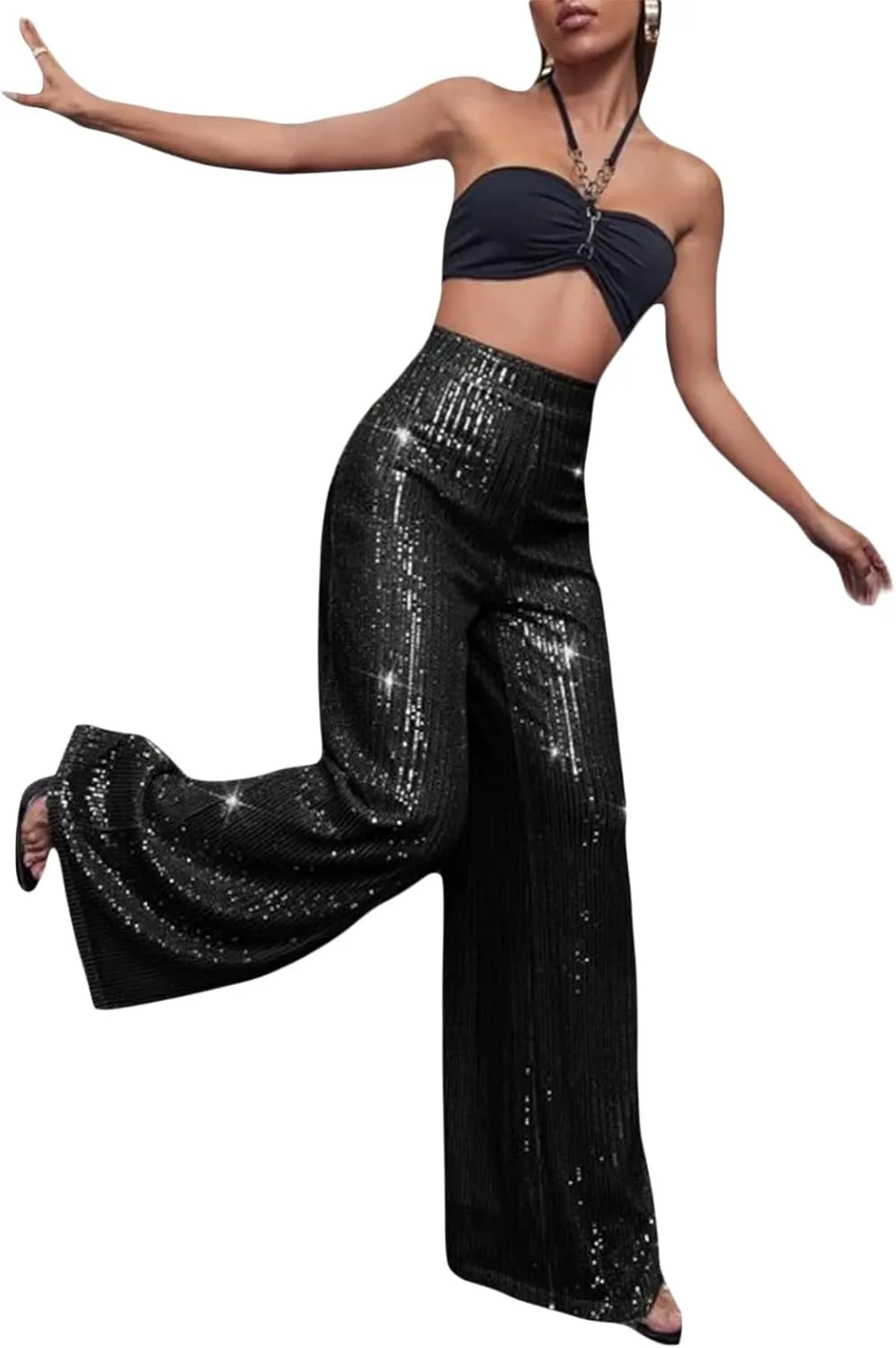 Women Sparkly Sequin Pants Glitter High Waist Wide Leg Trousers Flare Bell Bottom Night Out Party Shiny Clubwear