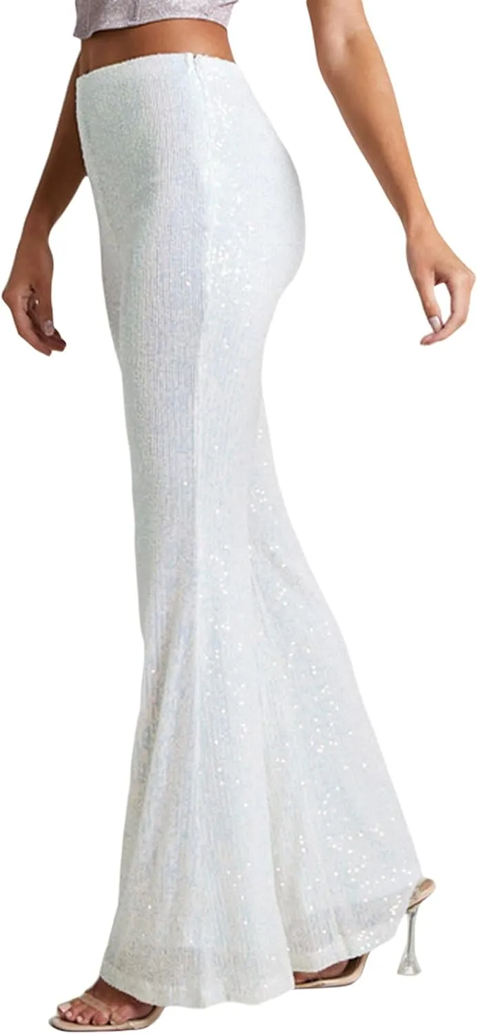 Women Sparkly Sequin Pants Glitter High Waist Wide Leg Trousers Flare Bell Bottom Night Out Party Shiny Clubwear