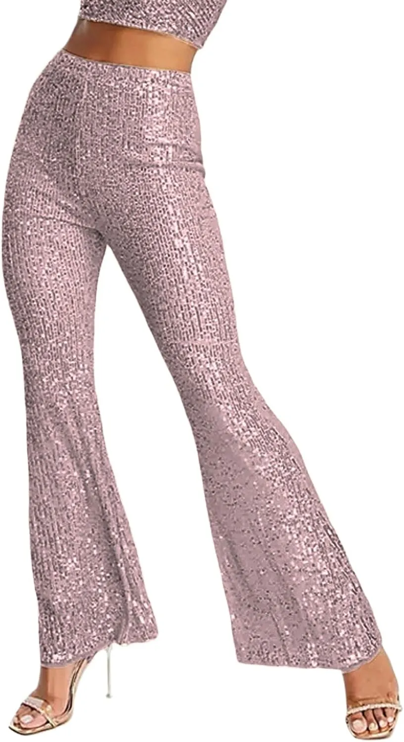Women Sparkly Sequin Pants Glitter High Waist Wide Leg Trousers Flare Bell Bottom Night Out Party Shiny Clubwear