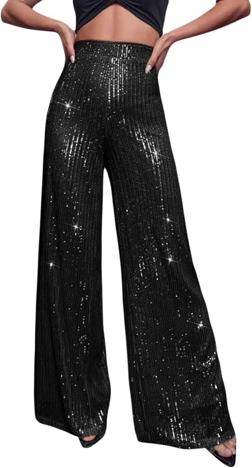 Women Sparkly Sequin Pants Glitter High Waist Wide Leg Trousers Flare Bell Bottom Night Out Party Shiny Clubwear